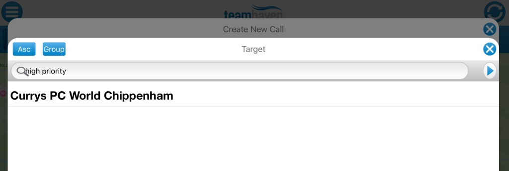 Screenshot of the create Call feature on the TeamHaven Mobile app. The screenshot shows the ability to search for locations. In the search bar it says "high priority".